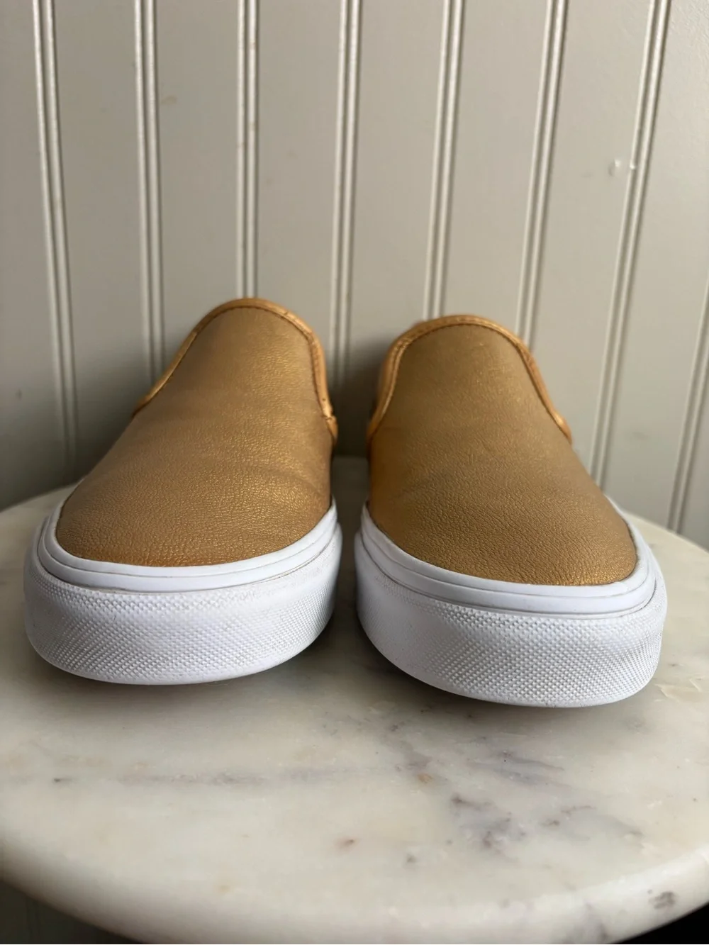 Vans Leather Slip Ons Sneakers Women 8.5 Gold Casual Classic Streetwear Metallic - Picture 5 of 8
